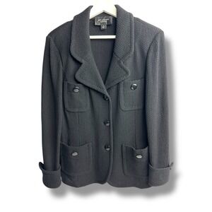 St John Caviar Black Knit Blazer Jacket Womens Size 12 Button Front